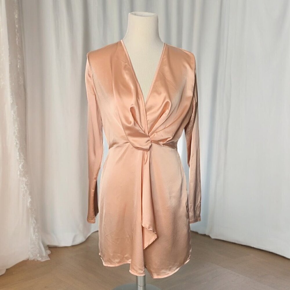 PRETTYLITTLETHING Nude Satin Long Sleeve Wrap Dress Size 6 NWT